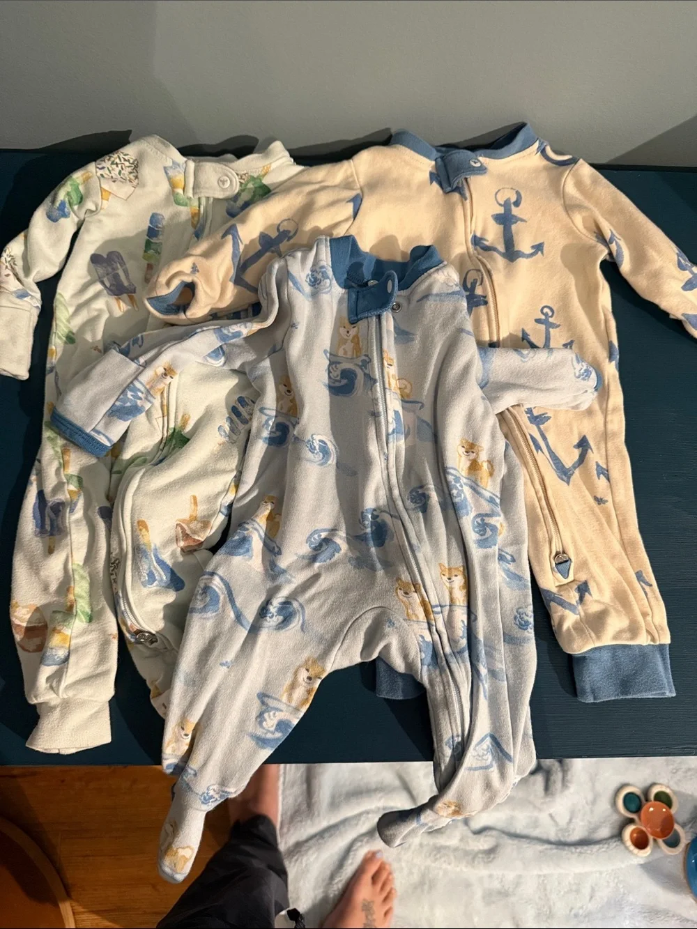 Burt's Bees Baby Blue and Cream Anchor & Animal Footed One-Piece Pajamas